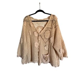 Hand Crochet Knit‎ Cardigan Sweater Beige Embellished Cottagecore Bohemian Chic
